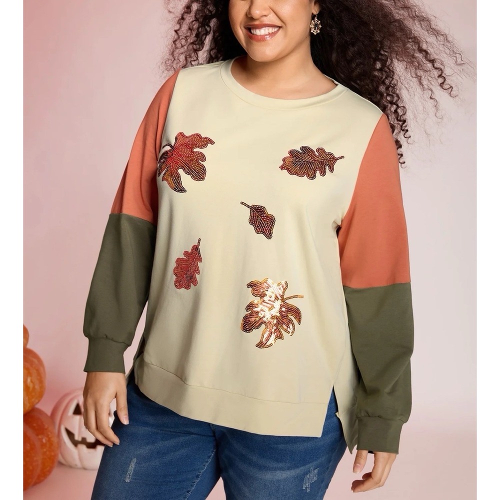 bloomchic Crisp Woman's Leaf Print Sequins Embroidery Sweatshirt Size 10